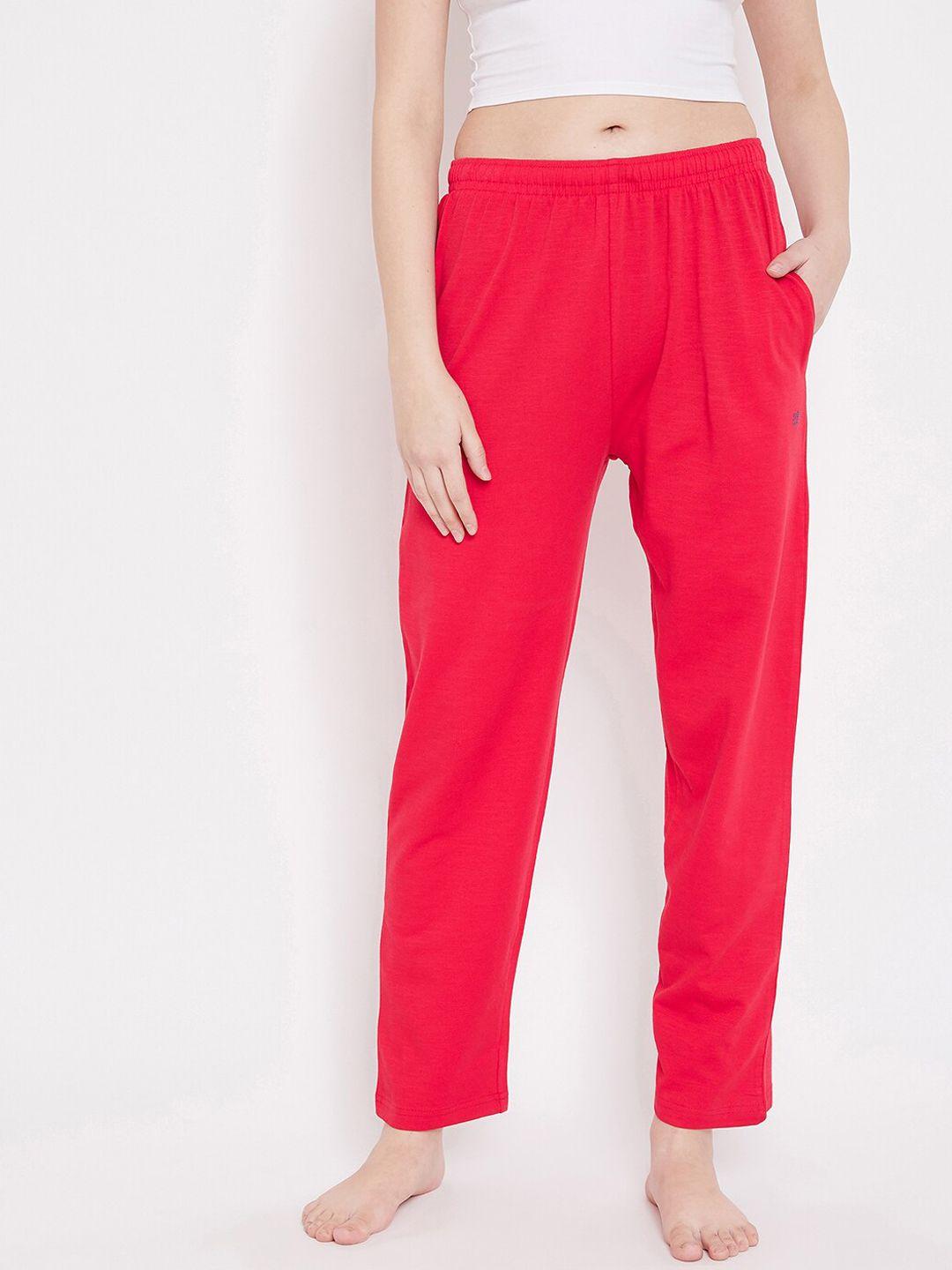okane women red solid straight cotton lounge pants