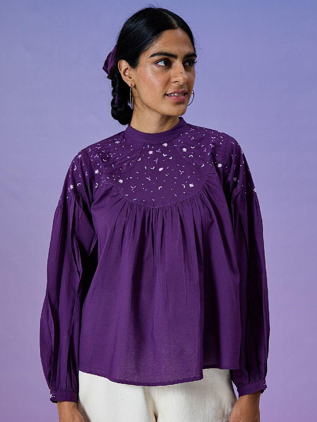 okhai cuffed sleeves embroidered pure cotton a-line top