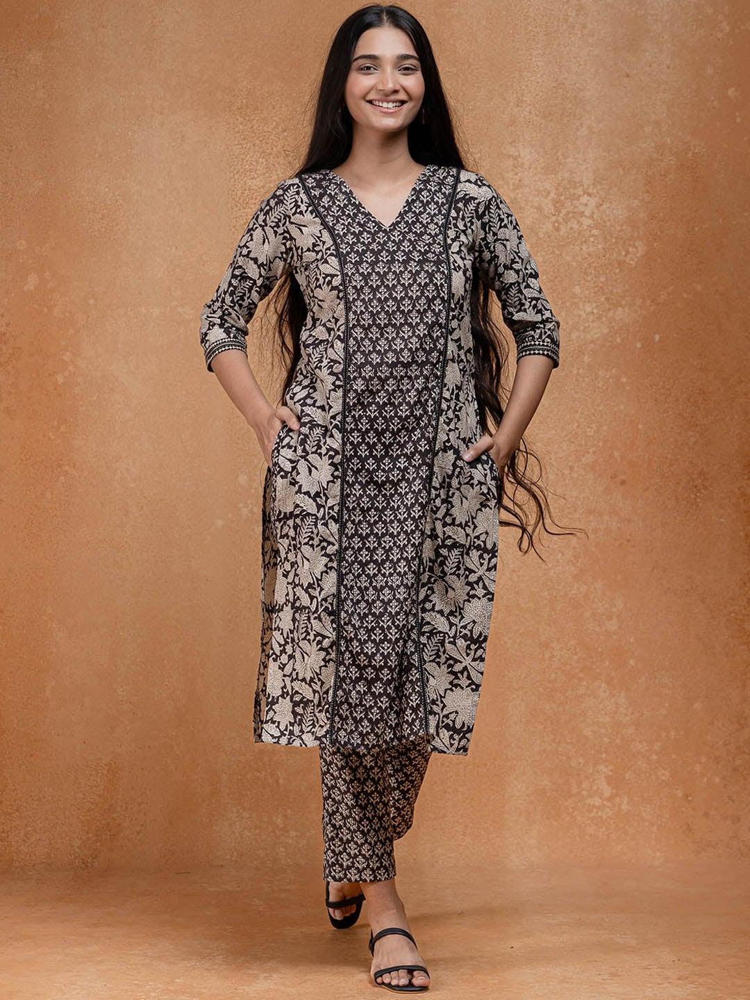 okhai ethnic motifs printed pure cotton straight kurta with trousers