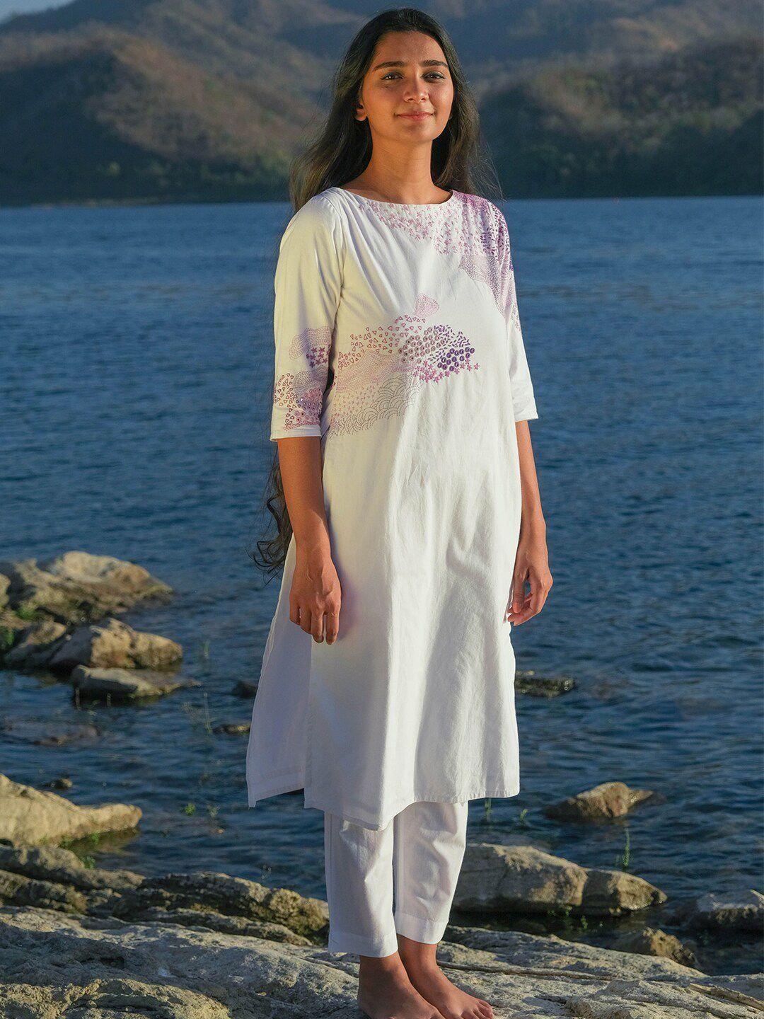 okhai floral embroidered mirror work pure cotton kurta with trousers