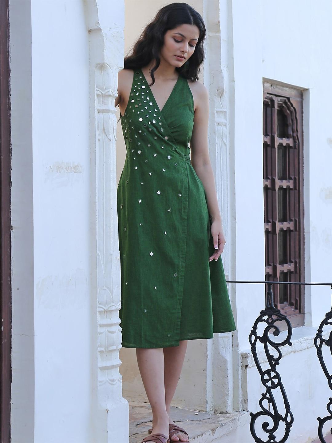 okhai green embellished ethnic midi dress