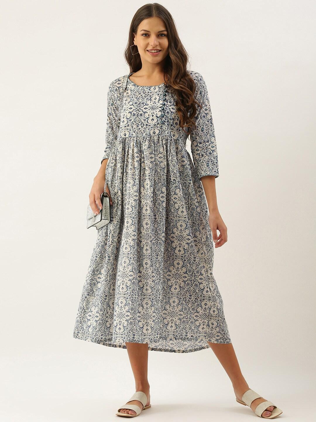 okhai white & blue pure cotton handblock print a-line midi dress