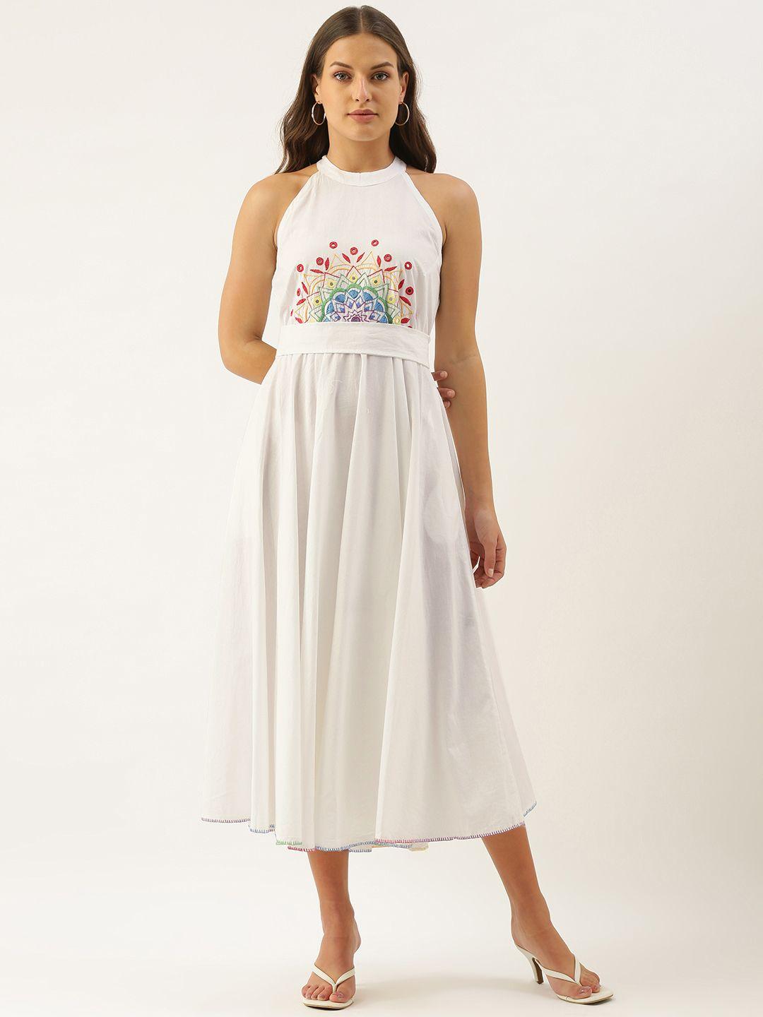 okhai white pure cotton embroidered a-line midi dress