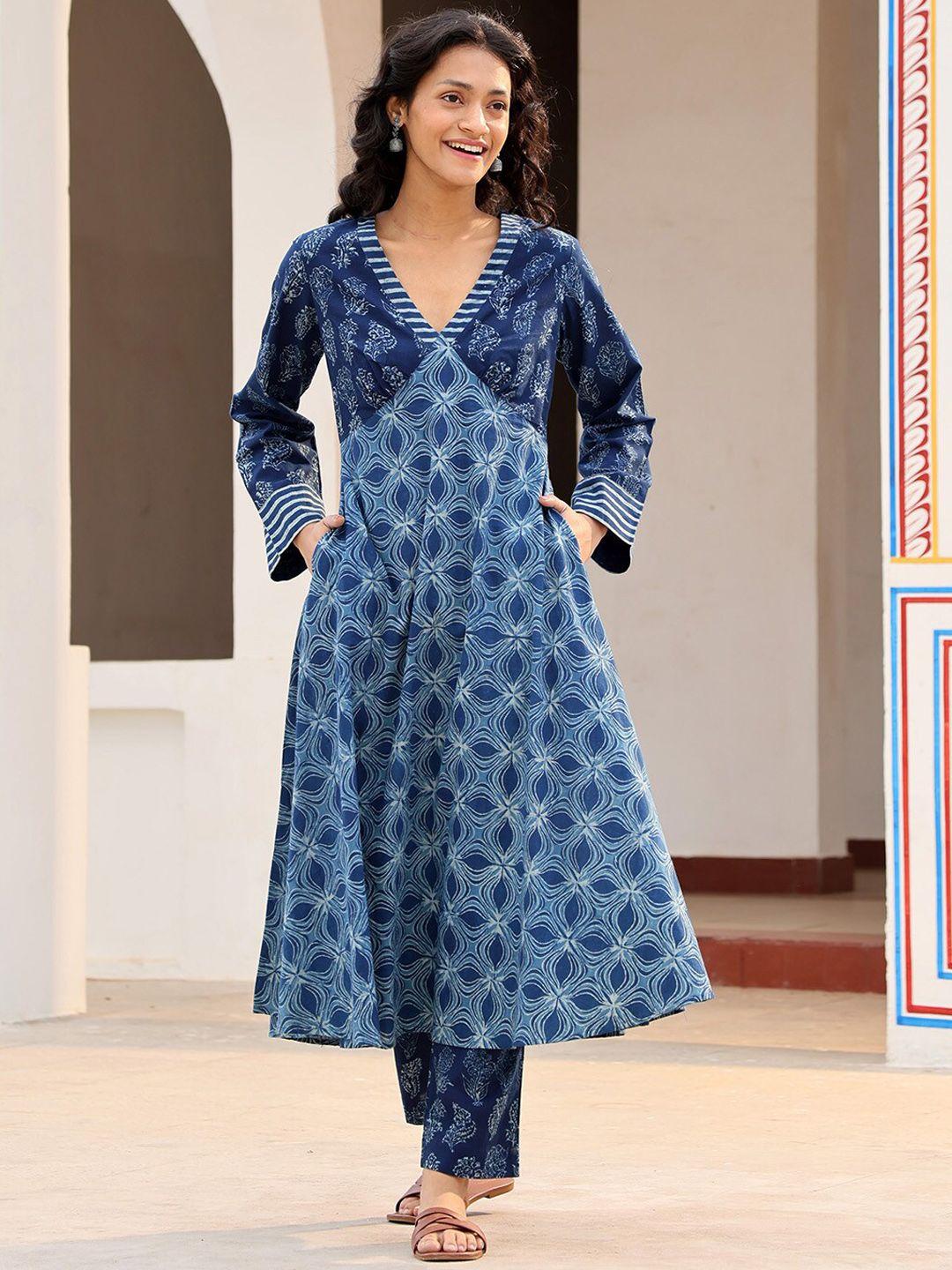 okhai women blue ethnic motifs printed empire pure cotton kurta with trousers
