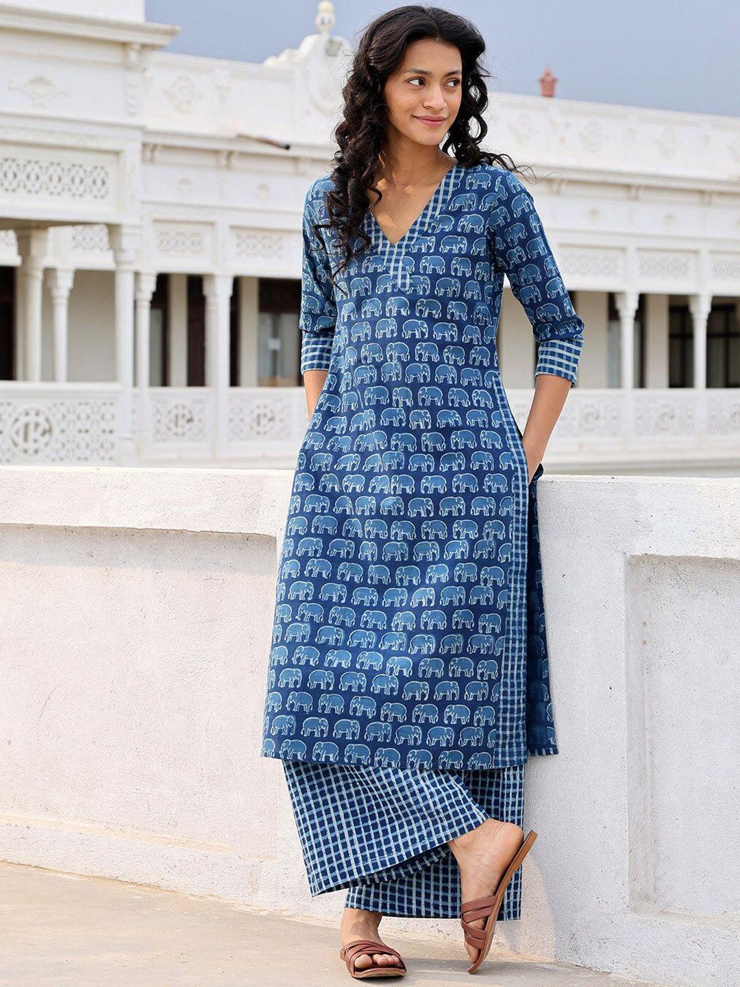 okhai women blue ethnic motifs printed regular pure cotton kurta with palazzos