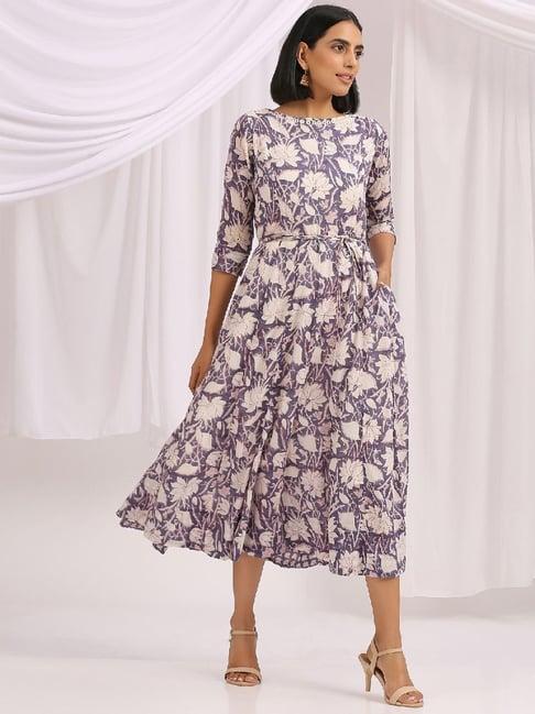 okhai afterglow purple pure cotton floral print a-line dress