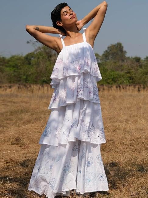 okhai amelia white pure cotton hand embroidered layered maxi dress