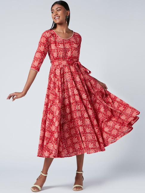 okhai aphrodite red pure cotton printed a-line dress