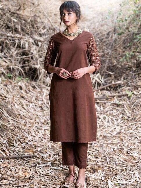 okhai auburn glow brown pure cotton hand embroidered kurta pant set