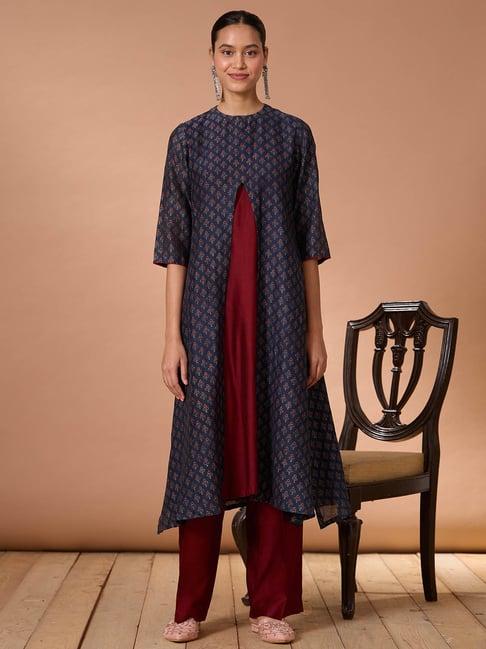 okhai blue & maroon printed kurta pant set