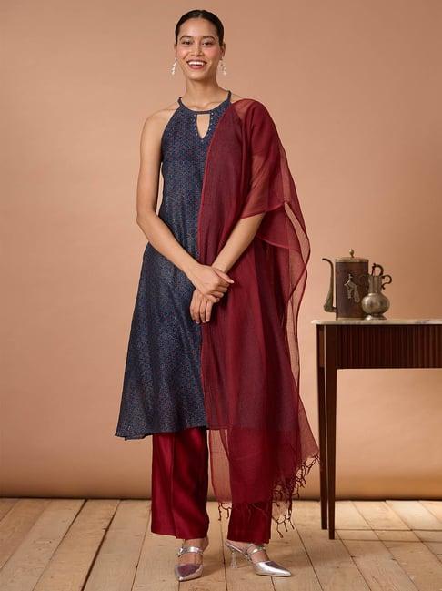 okhai blue & maroon printed kurta with pant & dupatta