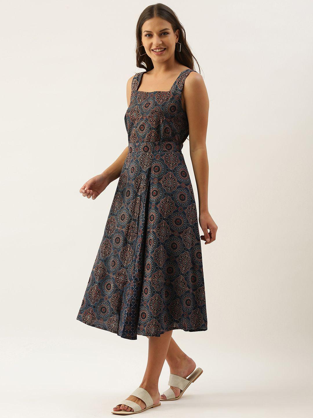okhai blue & maroon pure cotton handblock print a-line midi dress