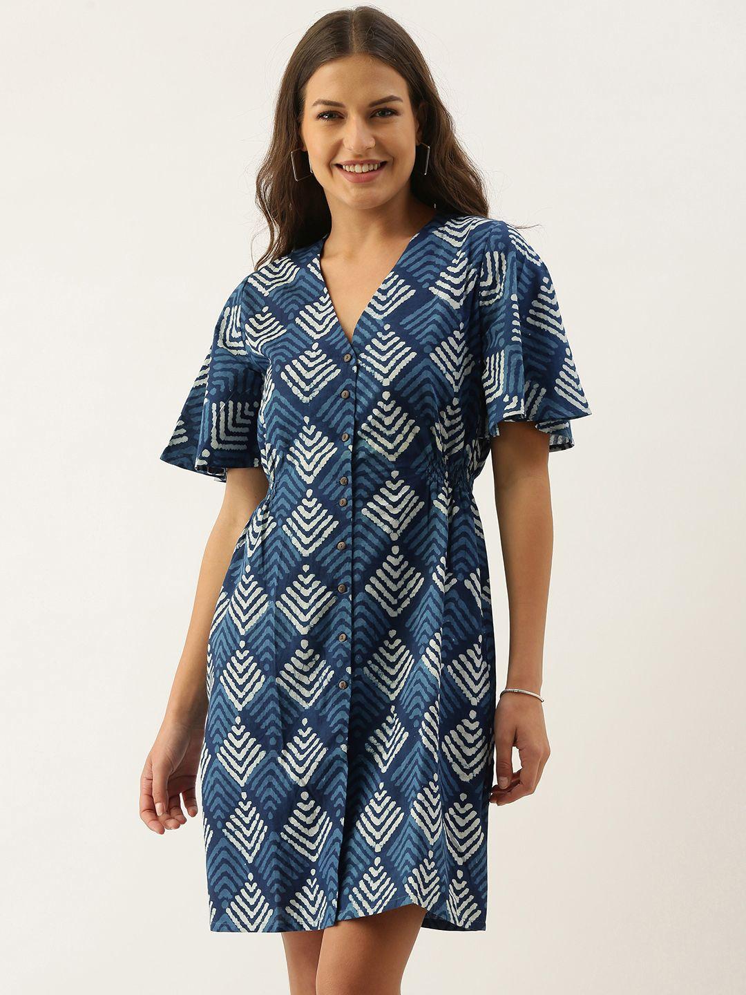 okhai blue & off white pure cotton printed a-line dress