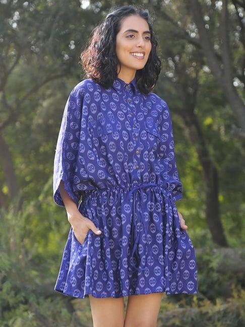 okhai blue pure cotton printed kaftan dress