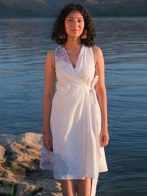 okhai bubble white pure cotton hand embroidered a-line wrap dress