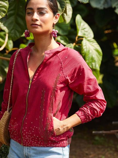 okhai cherry me red pure cotton embroidered jacket