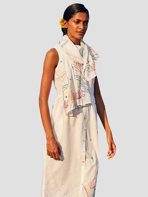 okhai daydream white pure cotton hand embroidered a-line dress with stole