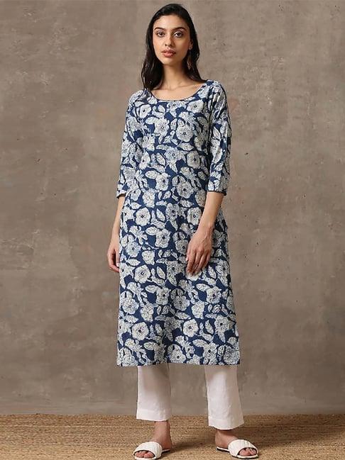 okhai delusion blue & white pure cotton floral print straight kurta