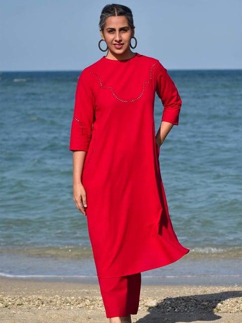 okhai dilruba red pure cotton mirror work kurta pant set