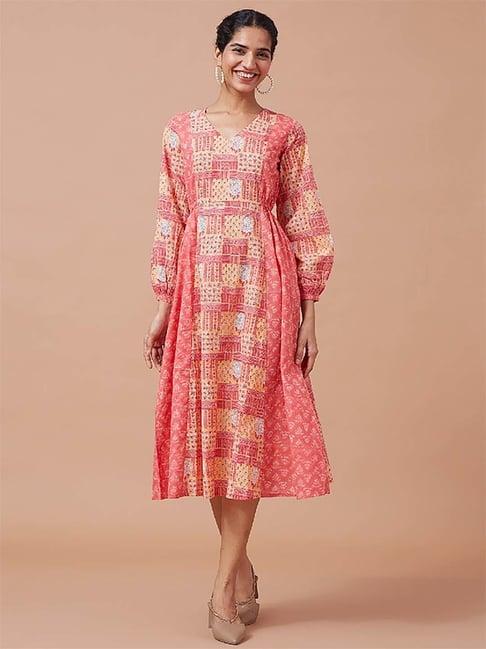 okhai eclectic peach pure cotton printed a-line dress