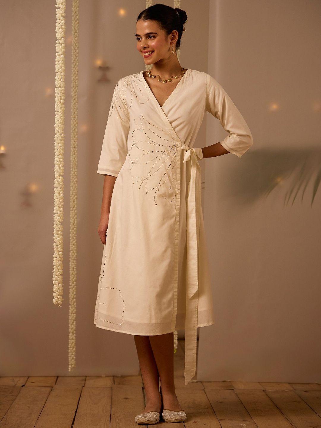 okhai embroidered v-neck cotton wrap midi ethnic dress