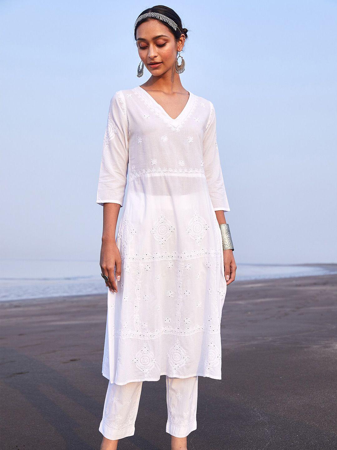 okhai ethnic motifs embroidered chikankari pure cotton kurta with trouser