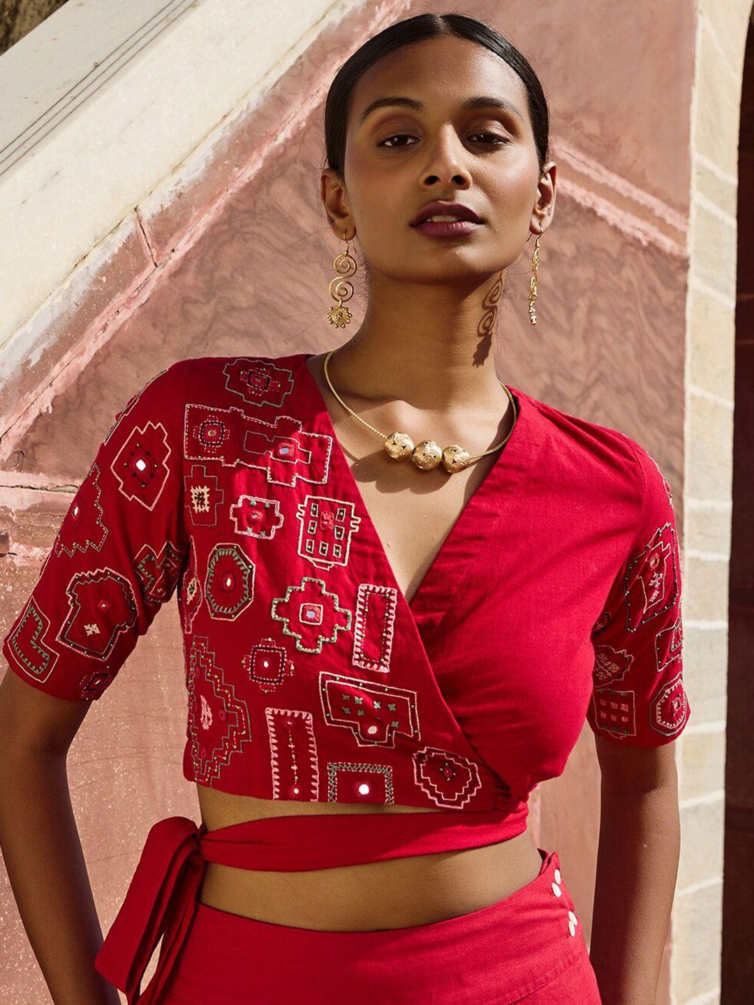 okhai ethnic motifs embroidered sequinned cotton wrap crop top
