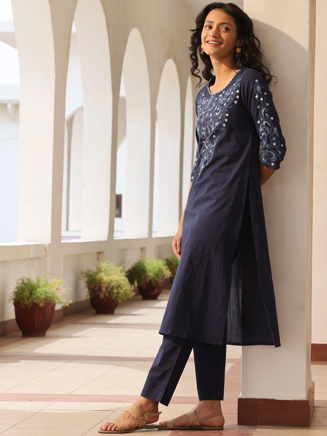 okhai ethnic motifs embroidered thread work pure cotton kurta with trousers