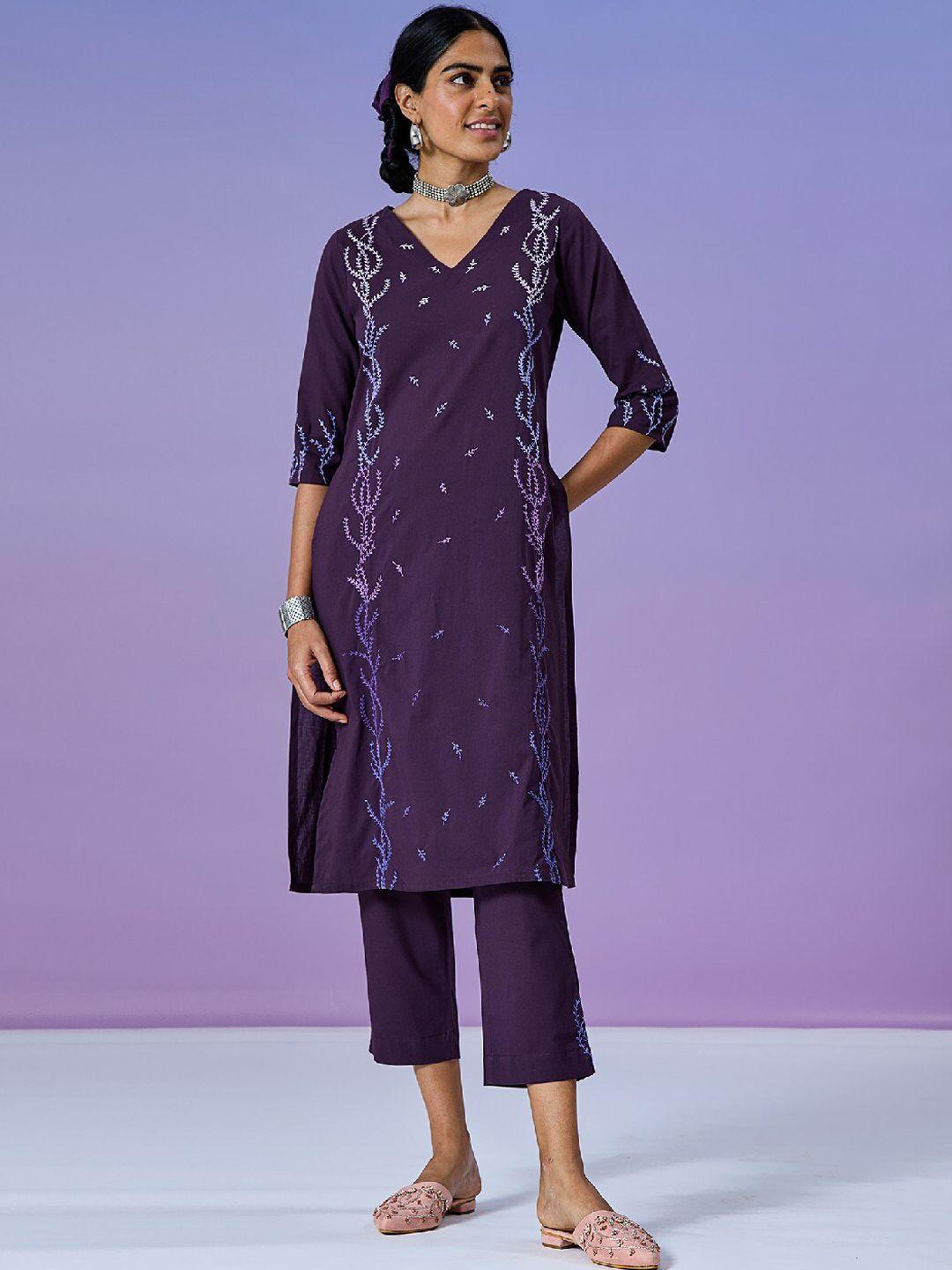 okhai ethnic motifs embroidered v neck thread work pure cotton kurta with trousers