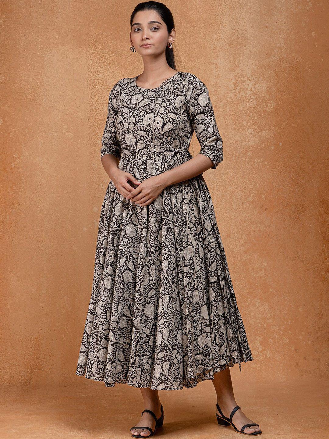 okhai ethnic motifs printed mirror work pure cotton fit & flare ethnic dress