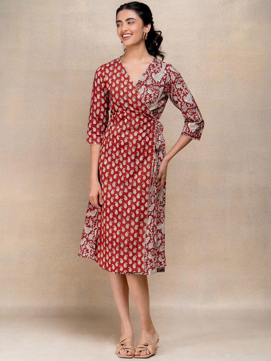 okhai ethnic motifs printed pure cotton midi wrap ethnic dress