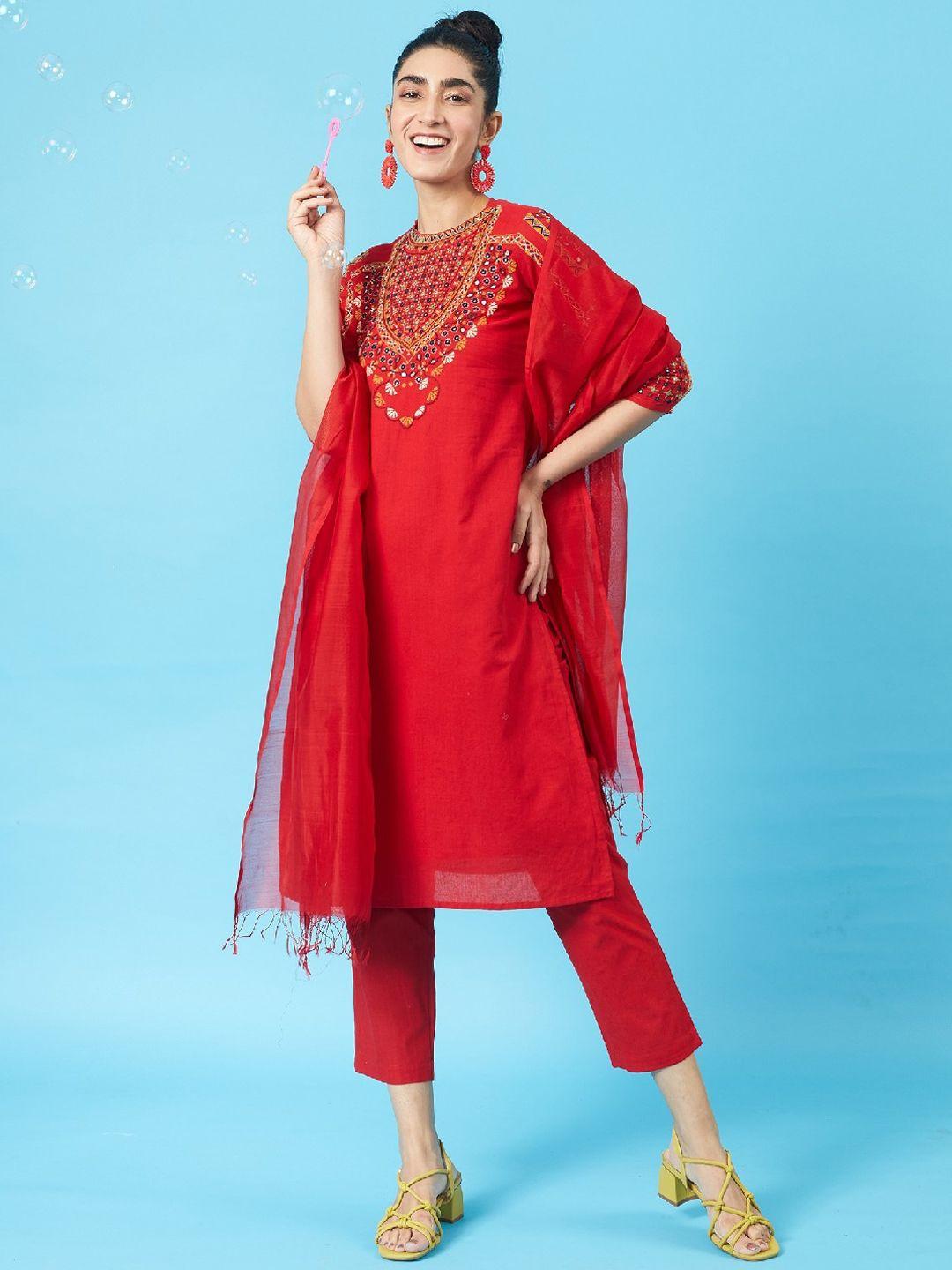 okhai ethnic motifs yoke design kutch thread work cotton kurta with trousers & dupatta