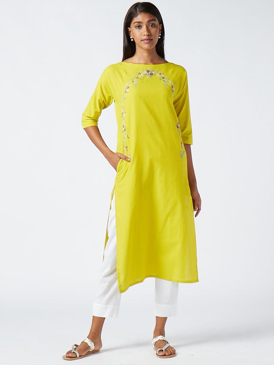 okhai floral embroidered thread work cotton straight kurta