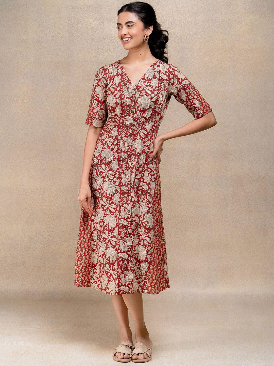 okhai floral printed pure cotton a-line midi ethnic dress