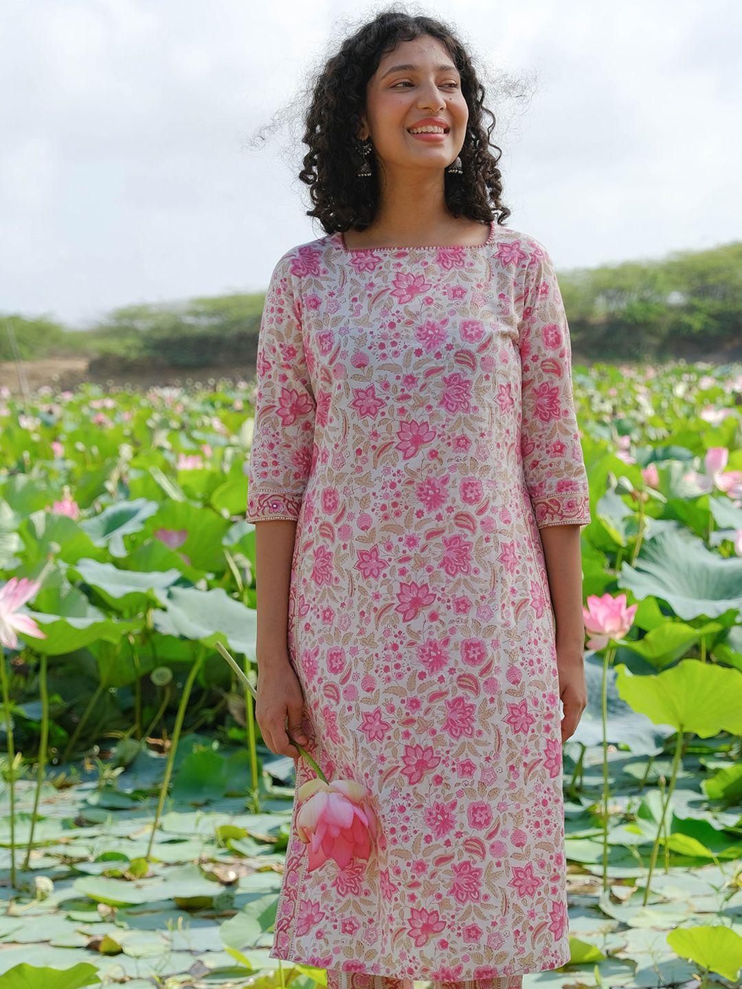 okhai floral printed square neck pure cotton straight kurta with trousers