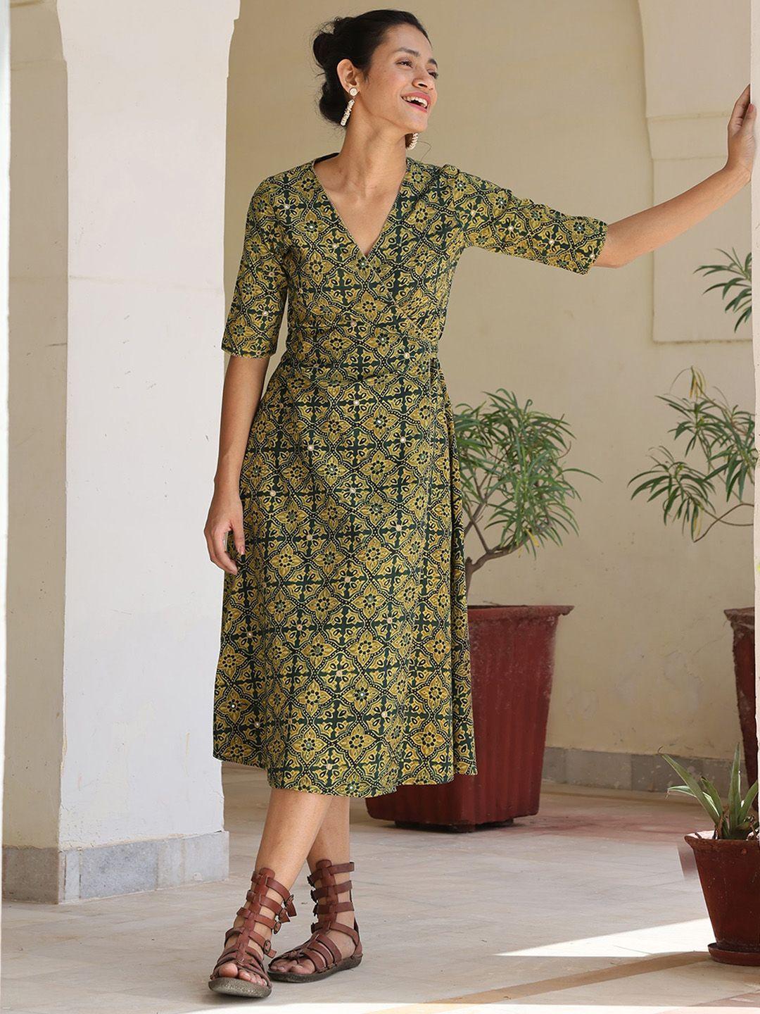 okhai floral printed v-neck mirror work pure cotton wrap ethnic dress