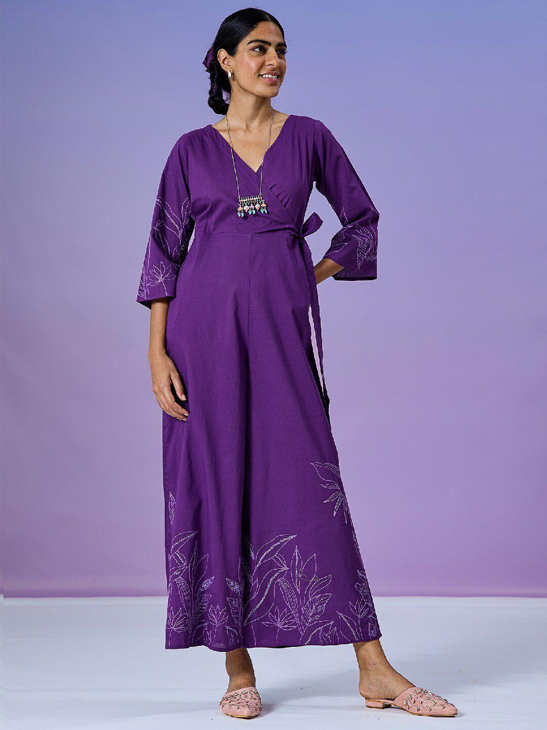 okhai floral v-neck waist tie ups pure cotton culotte jumpsuit with embroidered