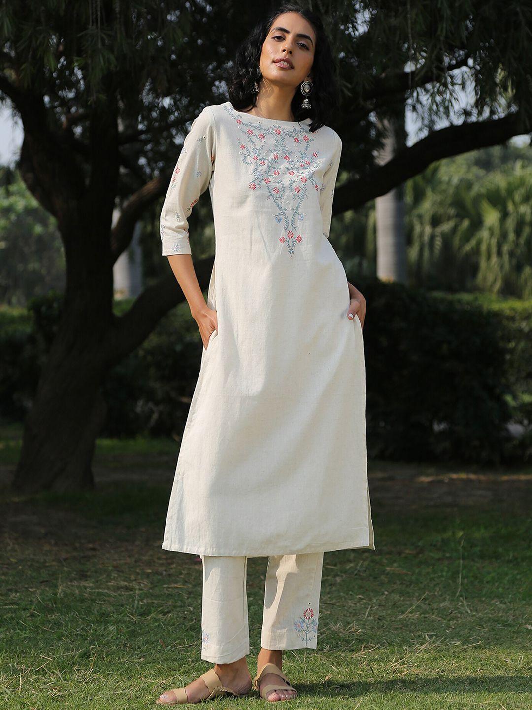 okhai floral yoke design regular thread work pure cotton kurta with trousers