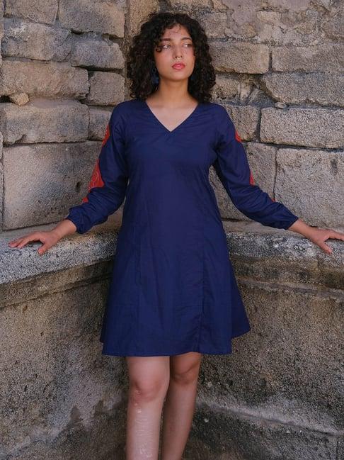 okhai glowing ember blue & red hand-embroidered a-line dress