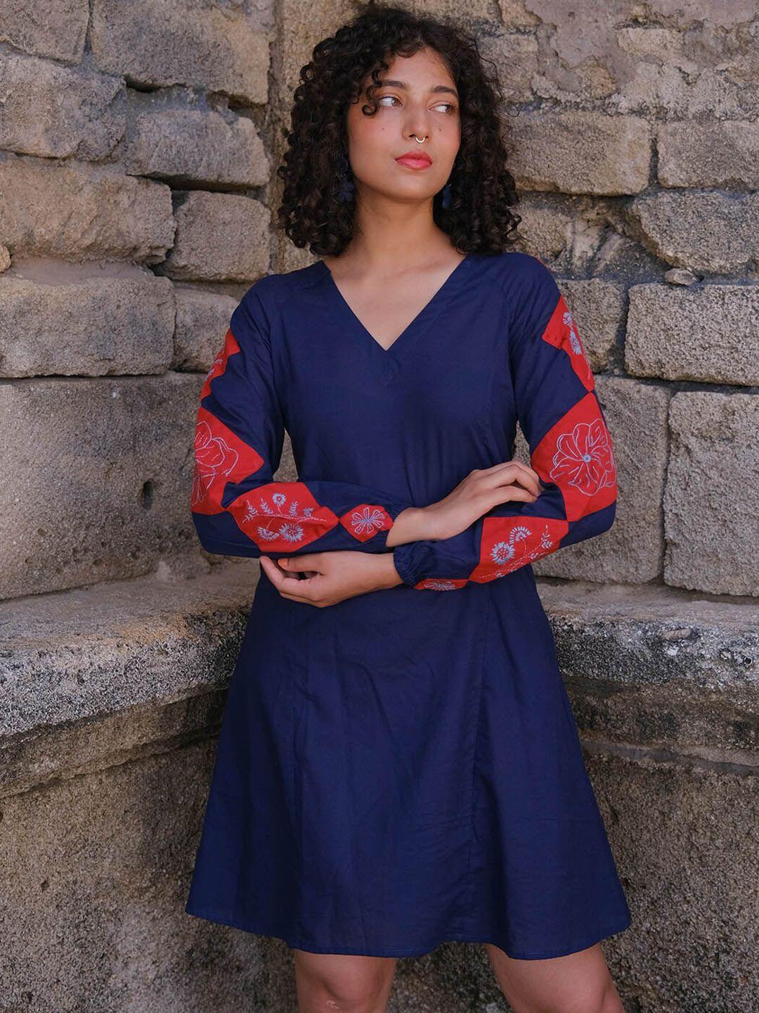 okhai glowing ember v-neck cuffed sleeve embroidered pure cotton a-line dress