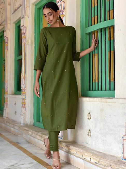 okhai green cotton embroidered kurta pant set