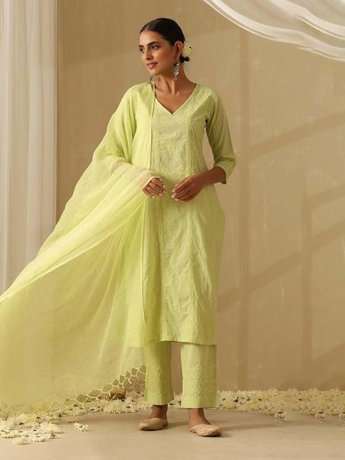 okhai green embroidered pure cotton kurta with pant & dupatta