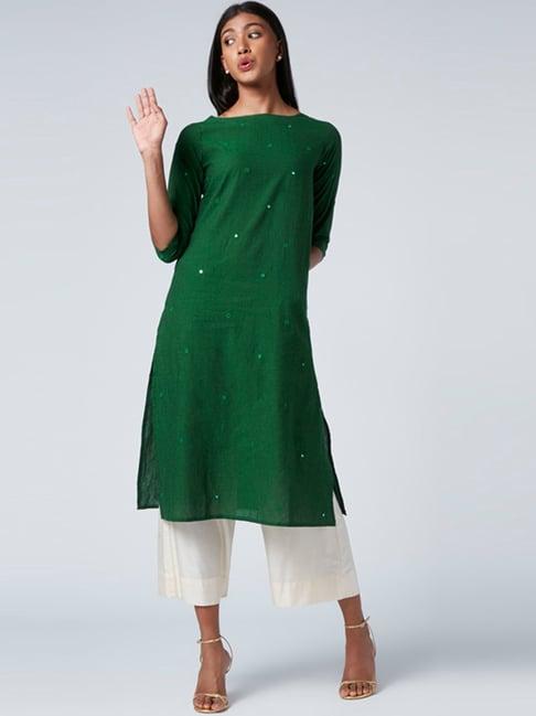 okhai green meadow green pure cotton hand embroidered straight kurta