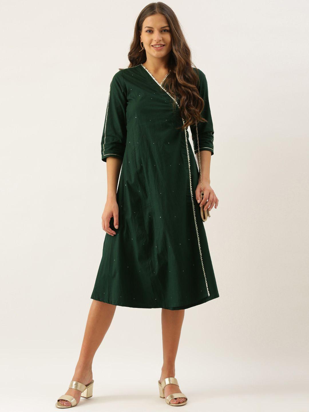 okhai green pure cotton solid wrap dress
