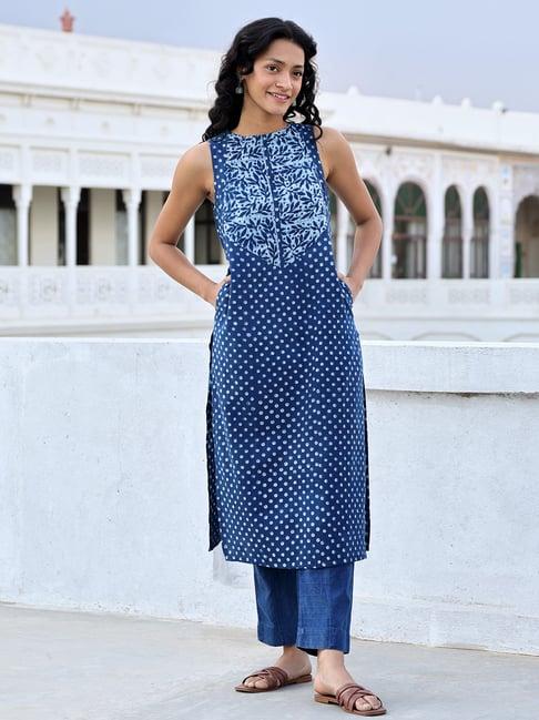 okhai indigo cotton printed straight kurta