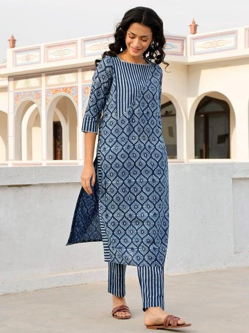 okhai indigo cotton printed straight kurta