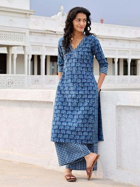 okhai indigo pure cotton hand block print kurta & palazzo set