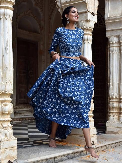 okhai indigo pure cotton hand block printed top & skirt set