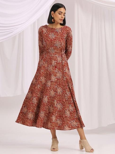 okhai khoobam red pure cotton floral print a-line dress