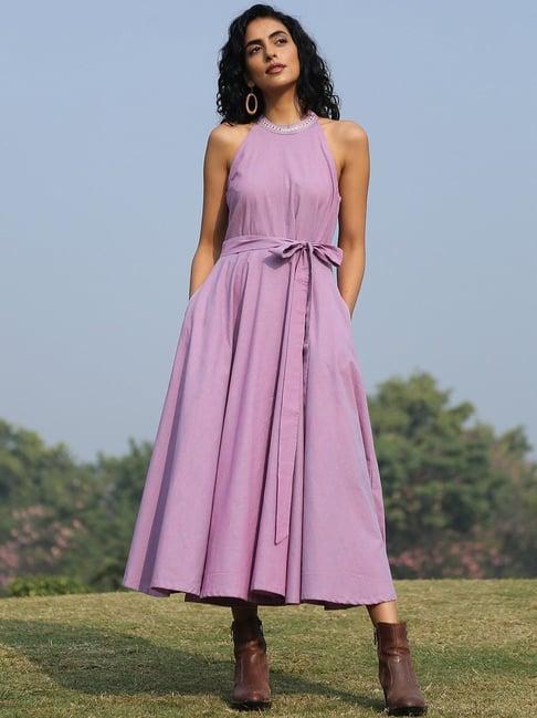 okhai lavender pearl purple pure cotton hand embroidered a-line dress